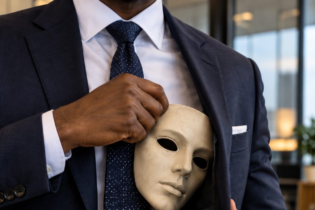 Navy suit holding theatrical mask